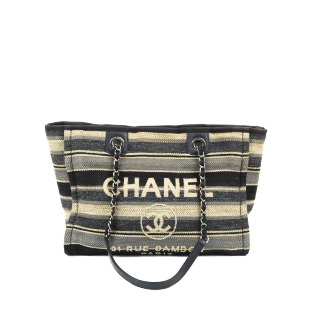 Chanel Medium Deauville tote stripe navy grey canvas silver hardware